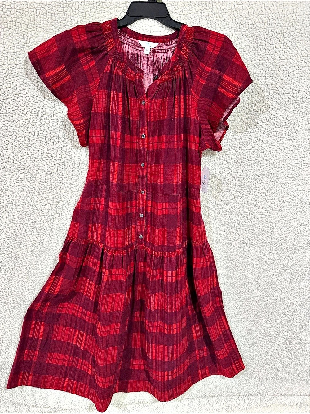 Time and Tru Women's Tiered Cotton Mini Dress with Flutter Sleeves Red & Black
